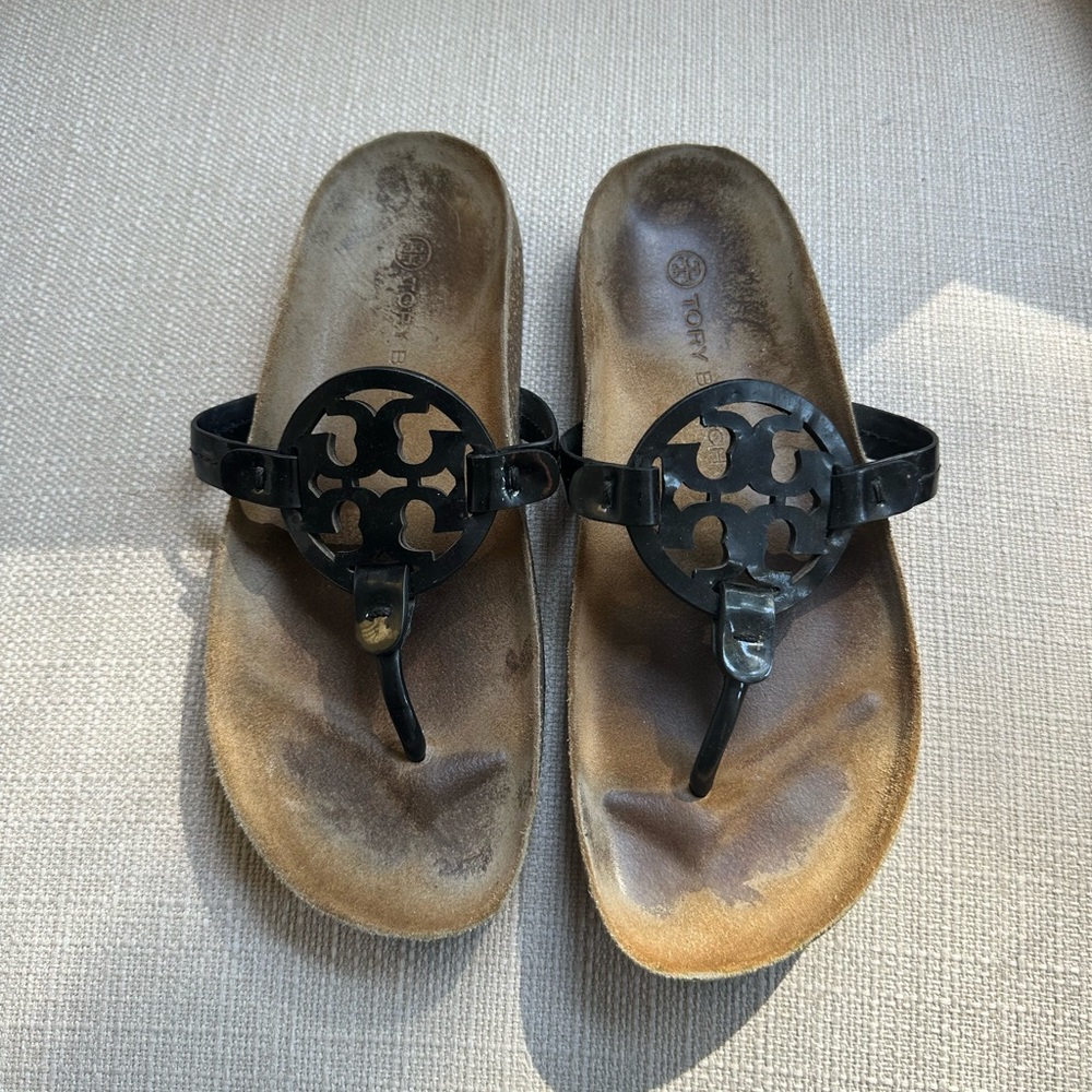 Tory Burch Miller Cloud patent leather sandals.